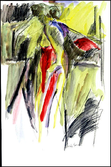 Woman moving in yellow bronze and red
